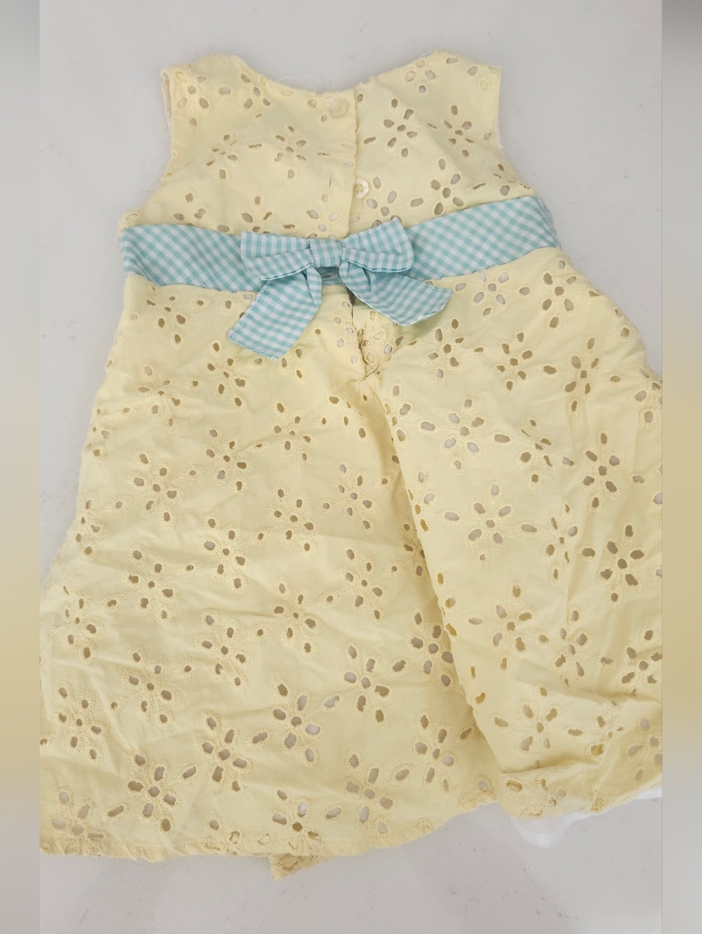 Blueberi Boulevard Pale Yellow Eyelet Dress with Aqua Gingham Sash Baby Girl 18M - Picture 4 of 5